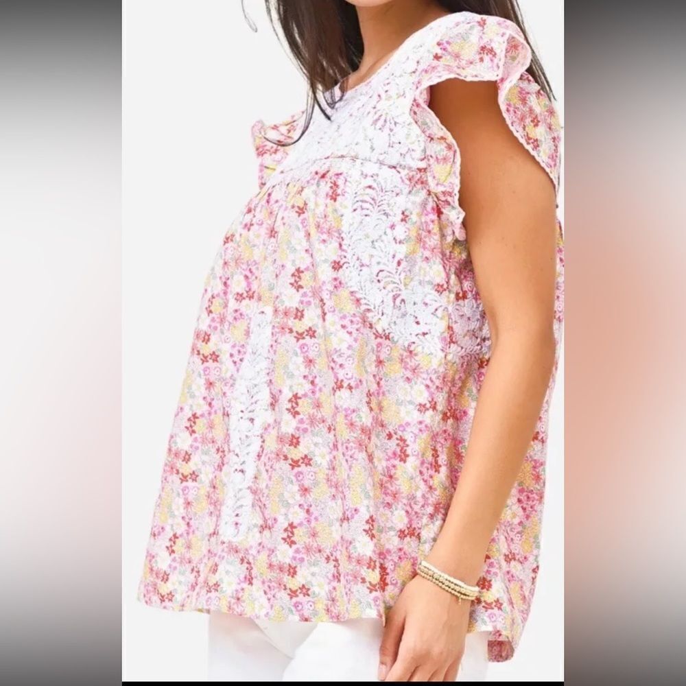 New J.Marie pink floral embroidered smock blouse top small s tuckernuck
